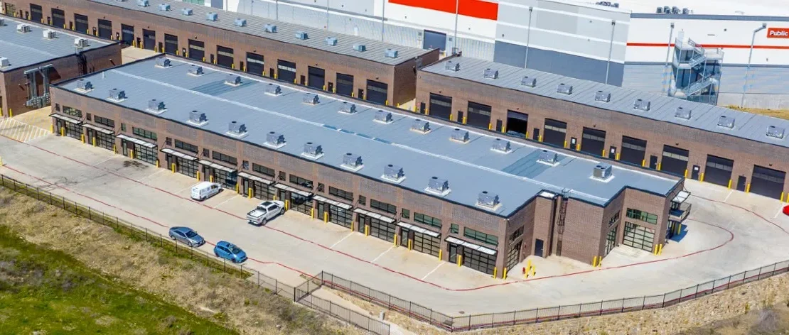 Aerial view of Urban Garages industrial flex complex with segmented garage units in Northlake, Texas