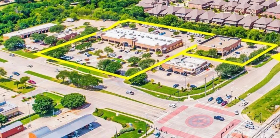 Aerial view of Valley Ranch retail commercial center at a major intersection in Irving, Texas